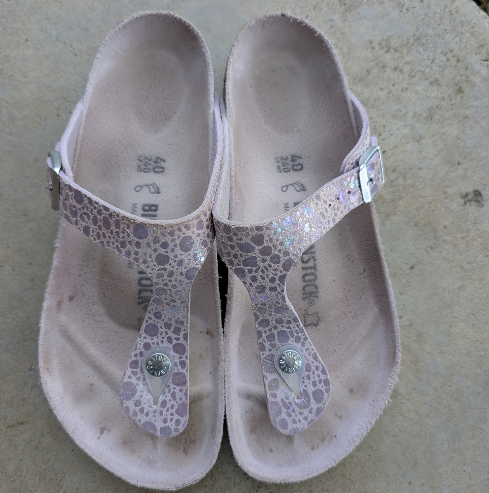 Birkenstock Silver and Purple Sandals With Irediscent Print